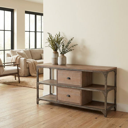 Industrial-style TV stand, Weathered Oak, Antique Silver, metal, wood veneer