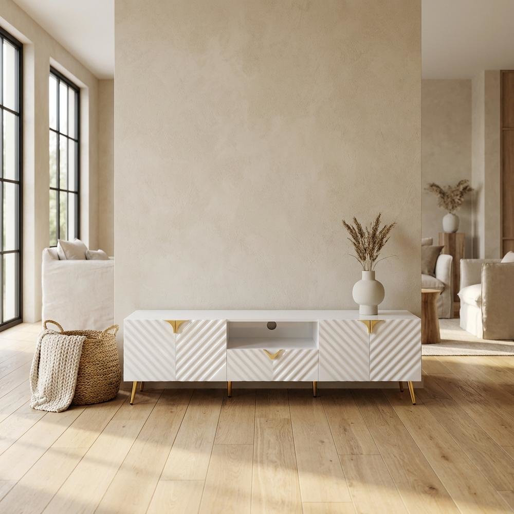White Gloss Finish TV Stand with Rubberwood and Walnut Veneers for Modern Living