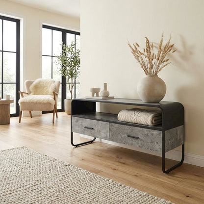 Industrial-style TV stand, concrete gray, black finish, made from particleboard