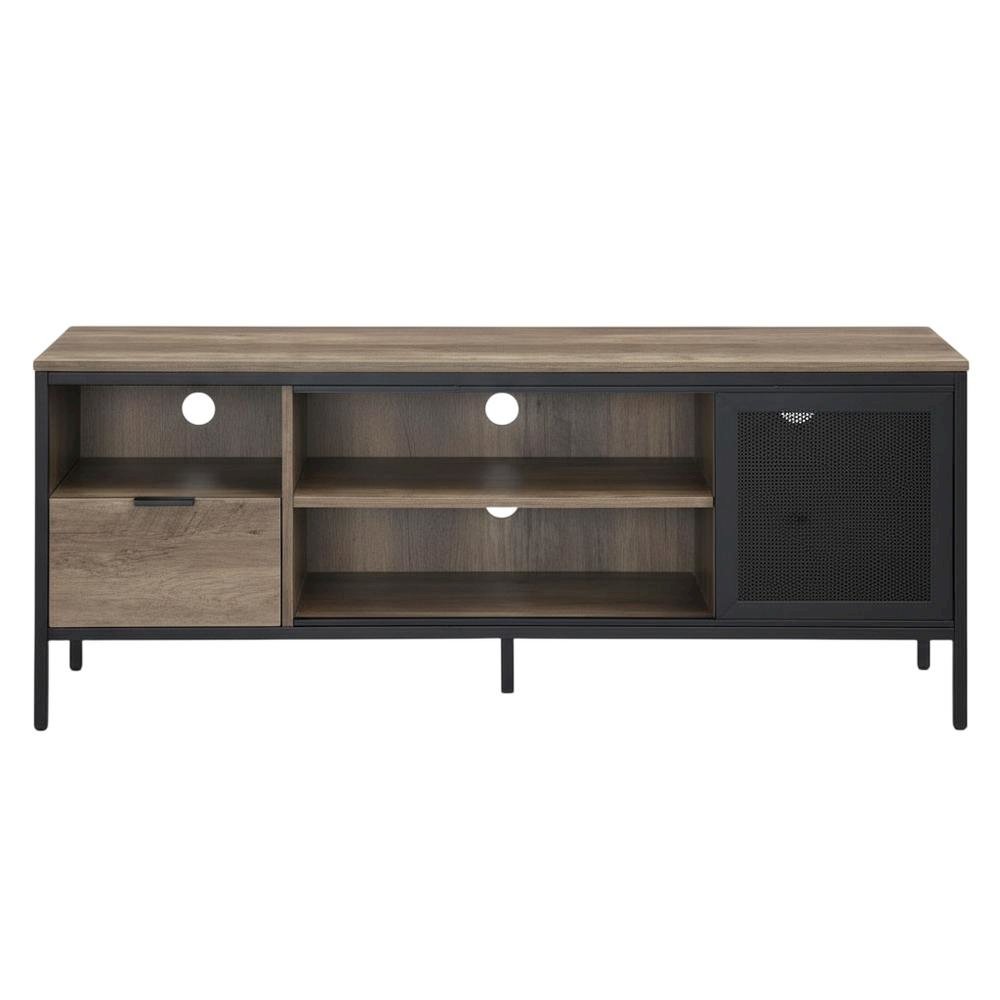 Industrial-style TV stand in Rustic Oak and Black finish with metal accents