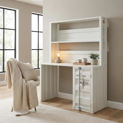 White Cargo Desk With Hutch For Organized Workspace, Sturdy Construction