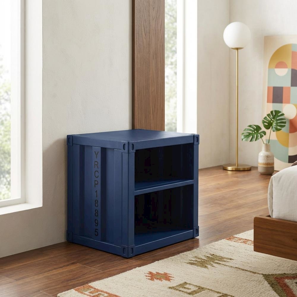 Blue metal nightstand with USB port and modern design
