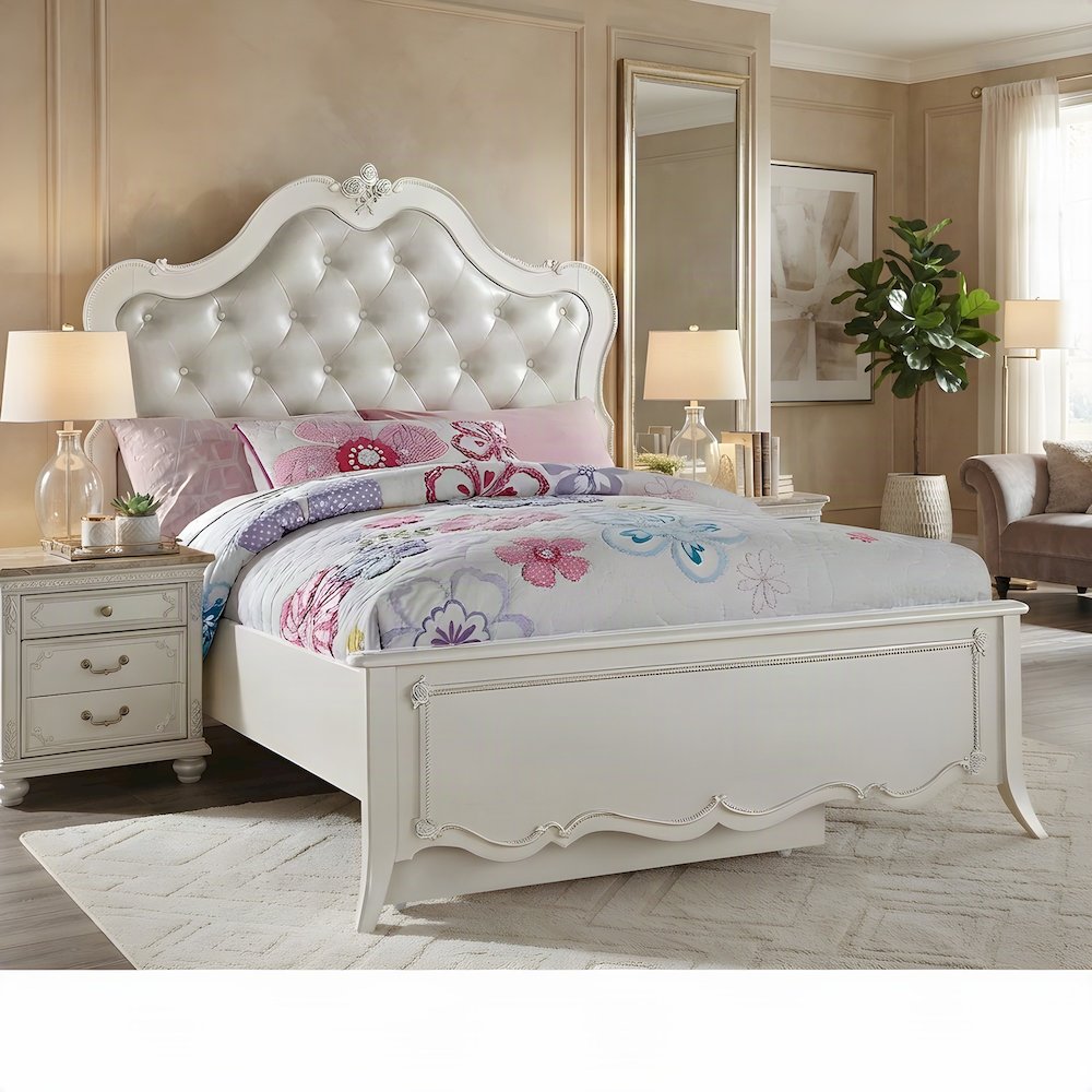 PU Leather Full Bed Frame Headboard, Platform, Synthetic Leather & Pearl White