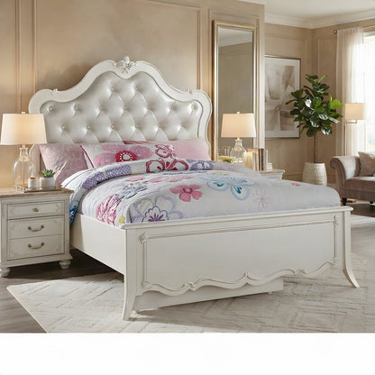 PU Leather Full Bed Frame Headboard, Platform, Synthetic Leather & Pearl White