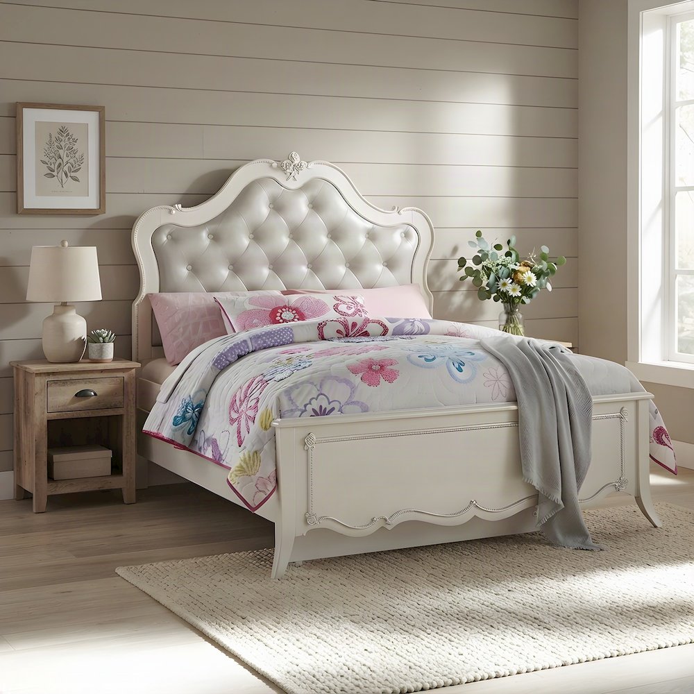 PU Leather Full Bed Frame Headboard, Platform, Synthetic Leather & Pearl White