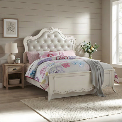 PU Leather Full Bed Frame Headboard, Platform, Synthetic Leather & Pearl White