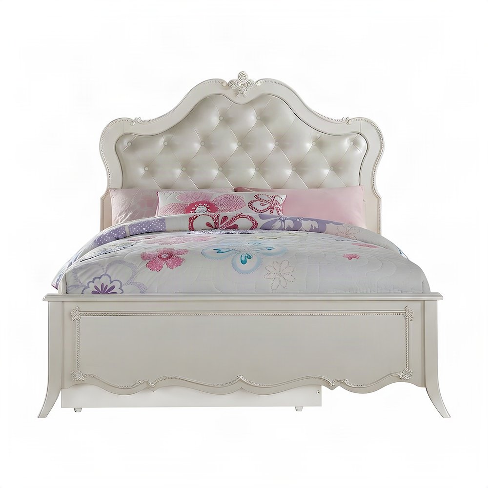 PU Leather Full Bed Frame Headboard, Platform, Synthetic Leather & Pearl White