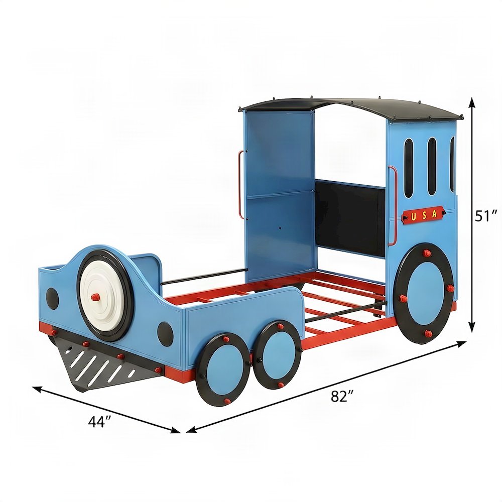 Upholstered Twin Kids Bed Frame with Train Panel Design, Blue/Red & Black Train