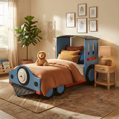 Upholstered Twin Kids Bed Frame with Train Panel Design, Blue/Red & Black Train