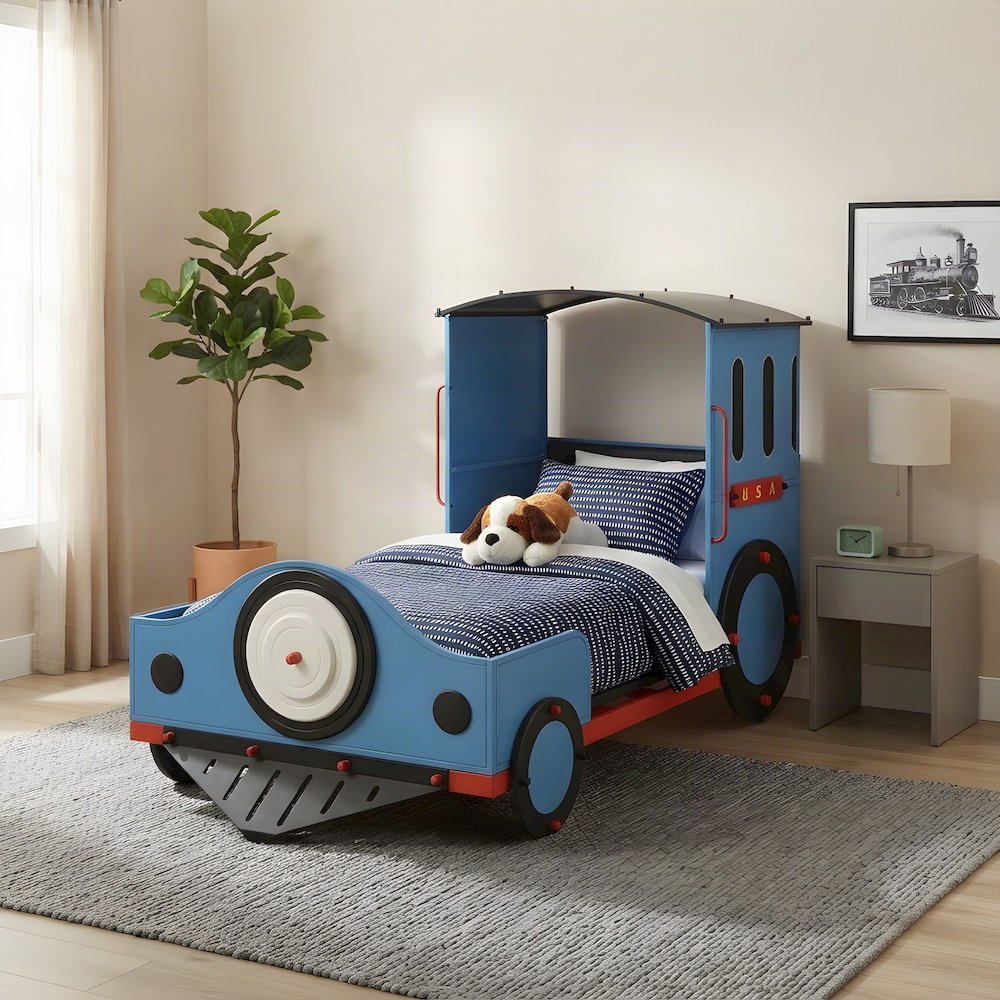 Upholstered Twin Kids Bed Frame with Train Panel Design, Blue/Red & Black Train