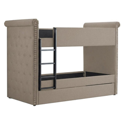 Fabric Twin over Twin Bunk Bed with Wood Frame and Trundle, Beige Fabric