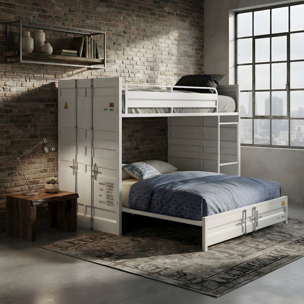 Metal Full over Full Bunk Bed with Guard Rails, Industrial Style, White