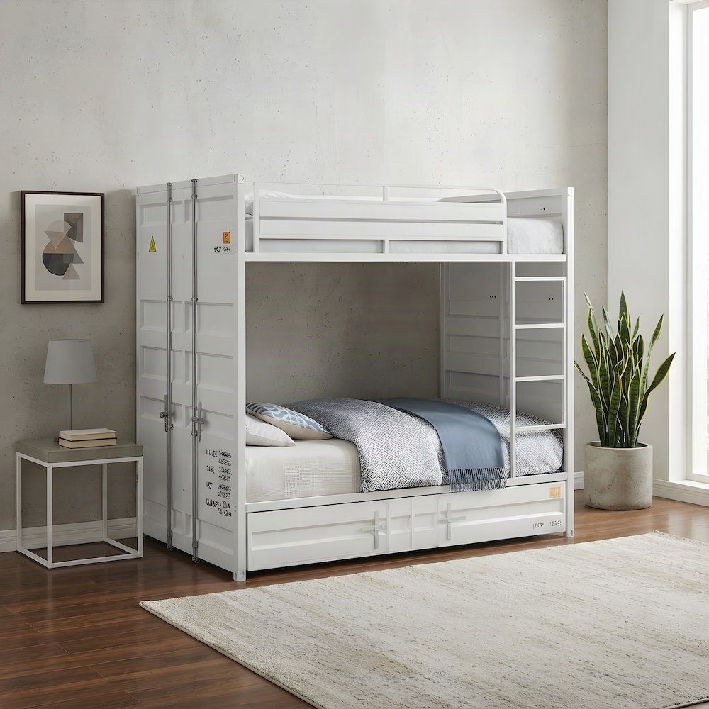 Metal Full over Full Bunk Bed with Guard Rails, Industrial Style, White