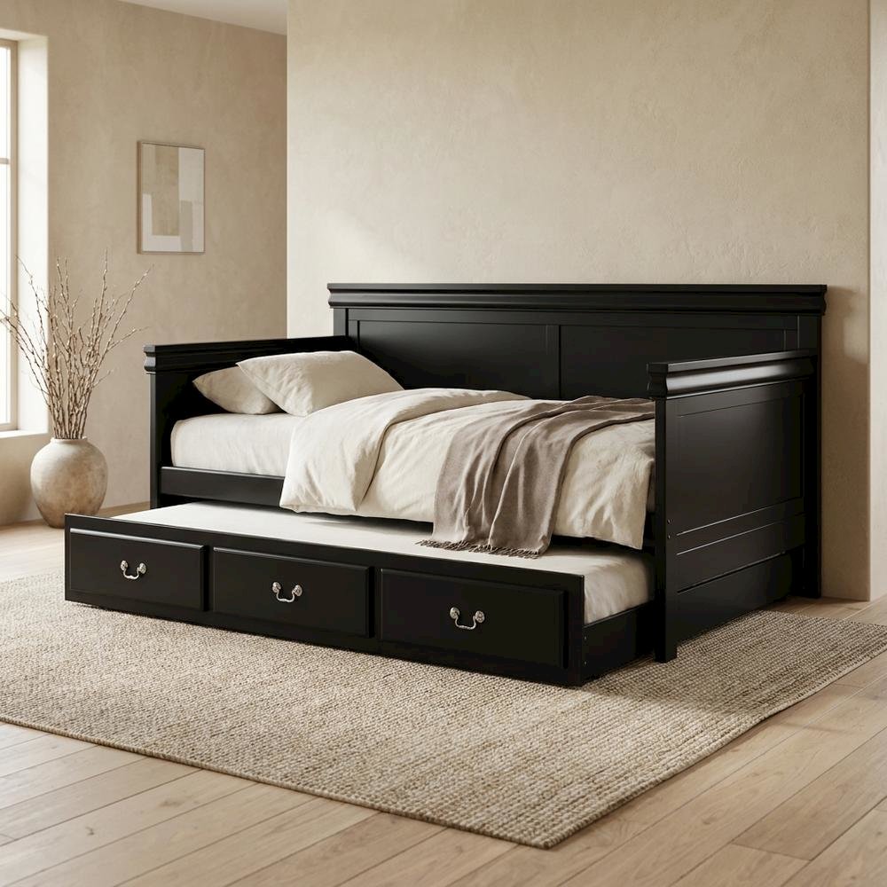 Wood Composite Trundle Bed Twin with Solid-Upholstered Frame, Black