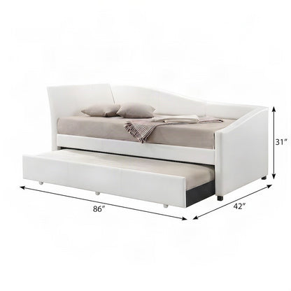 PU Leather Twin Daybed with Trundle, Bed No Box Spring, White Synthetic Leather