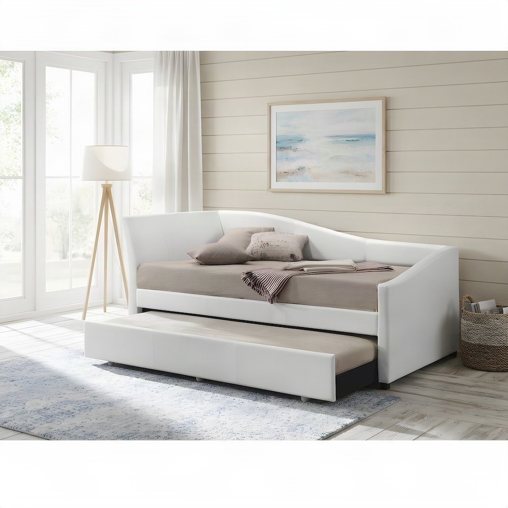 PU Leather Twin Daybed with Trundle, Bed No Box Spring, White Synthetic Leather