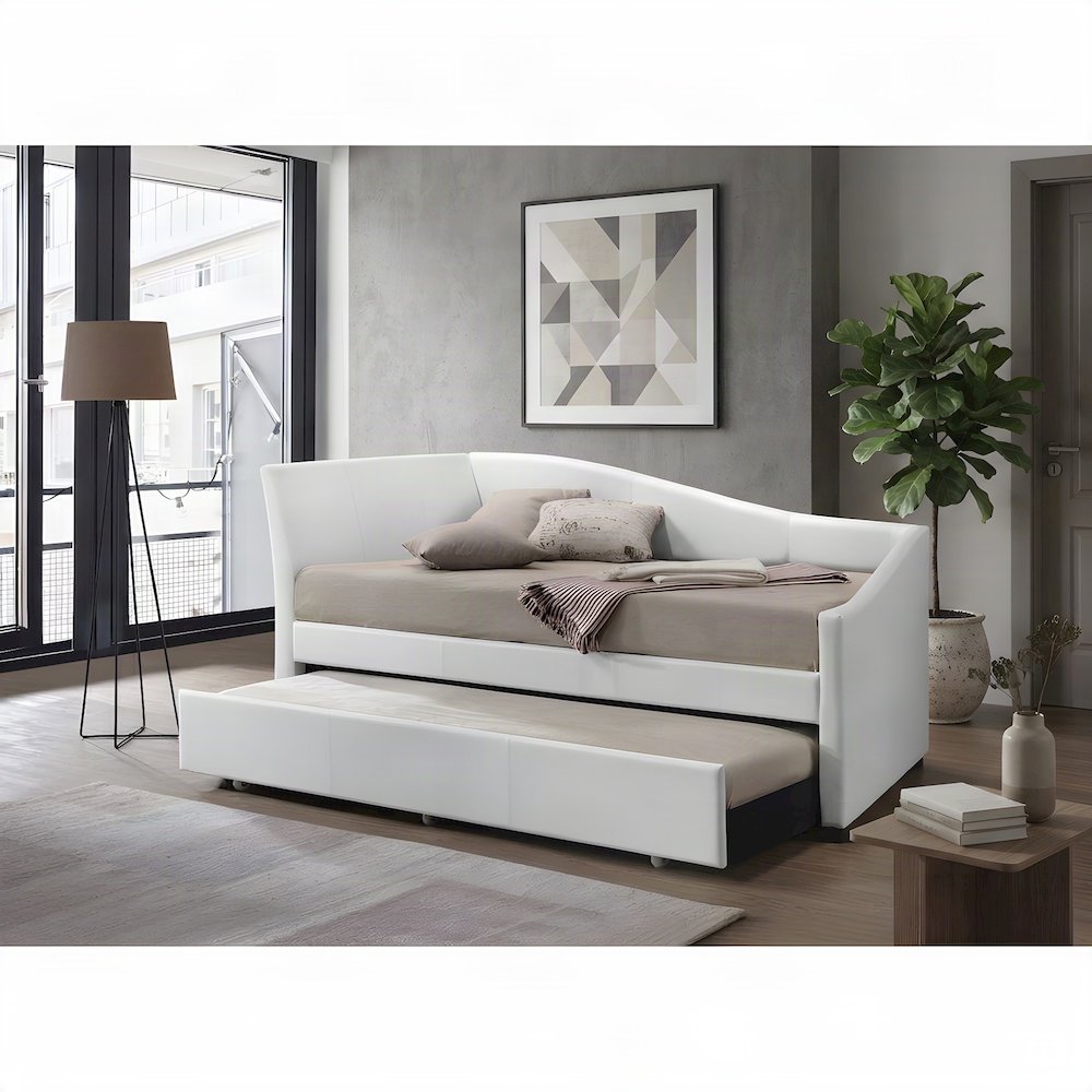 PU Leather Twin Daybed with Trundle, Bed No Box Spring, White Synthetic Leather
