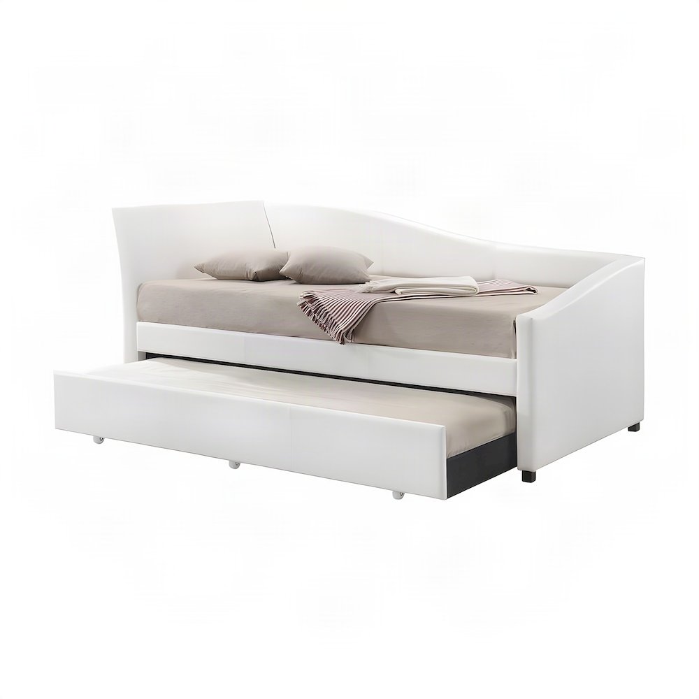 PU Leather Twin Daybed with Trundle, Bed No Box Spring, White Synthetic Leather