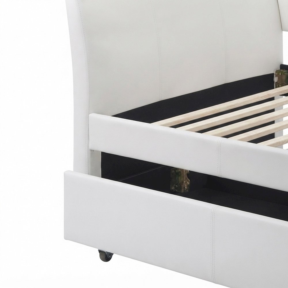 PU Leather Twin Daybed with Trundle, Bed No Box Spring, White Synthetic Leather