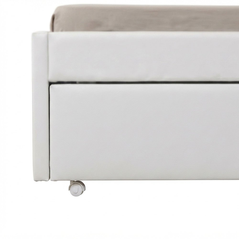 PU Leather Twin Daybed with Trundle, Bed No Box Spring, White Synthetic Leather