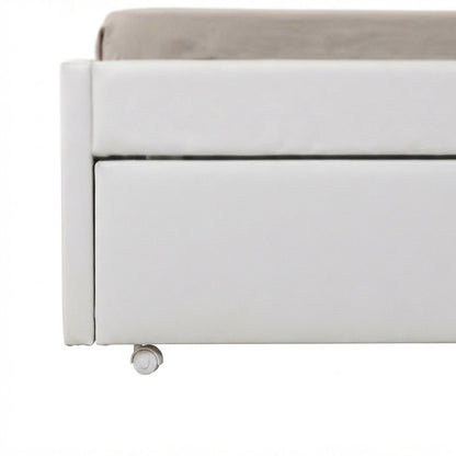 PU Leather Twin Daybed with Trundle, Bed No Box Spring, White Synthetic Leather
