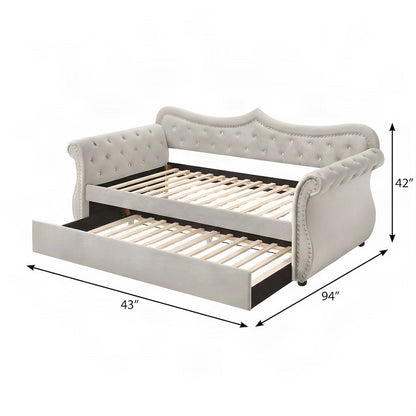 Upholstered Twin Daybed with Trundle, Rubber Wood Sofa Bed Frame, Beige Linen