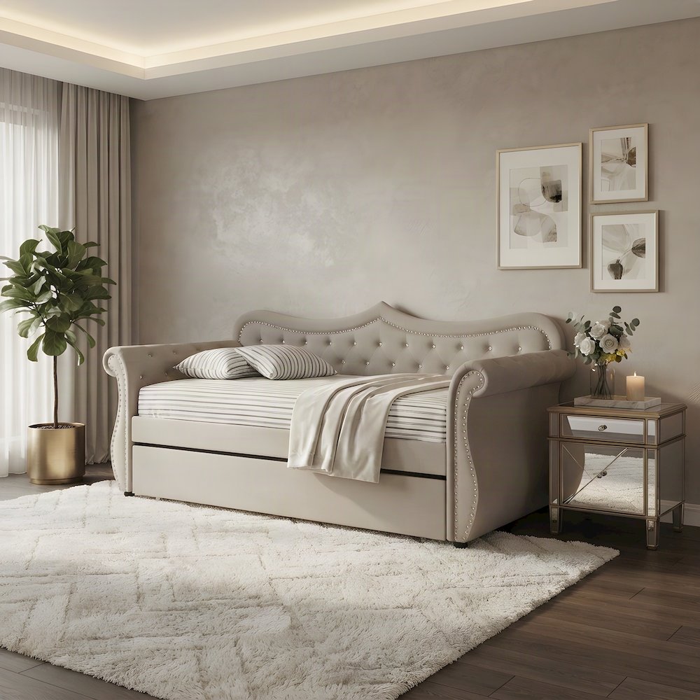 Upholstered Twin Daybed with Trundle, Rubber Wood Sofa Bed Frame, Beige Linen