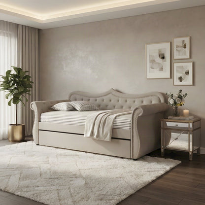 Upholstered Twin Daybed with Trundle, Rubber Wood Sofa Bed Frame, Beige Linen
