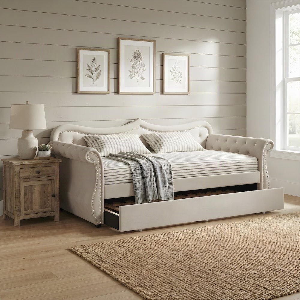 Upholstered Twin Daybed with Trundle, Rubber Wood Sofa Bed Frame, Beige Linen