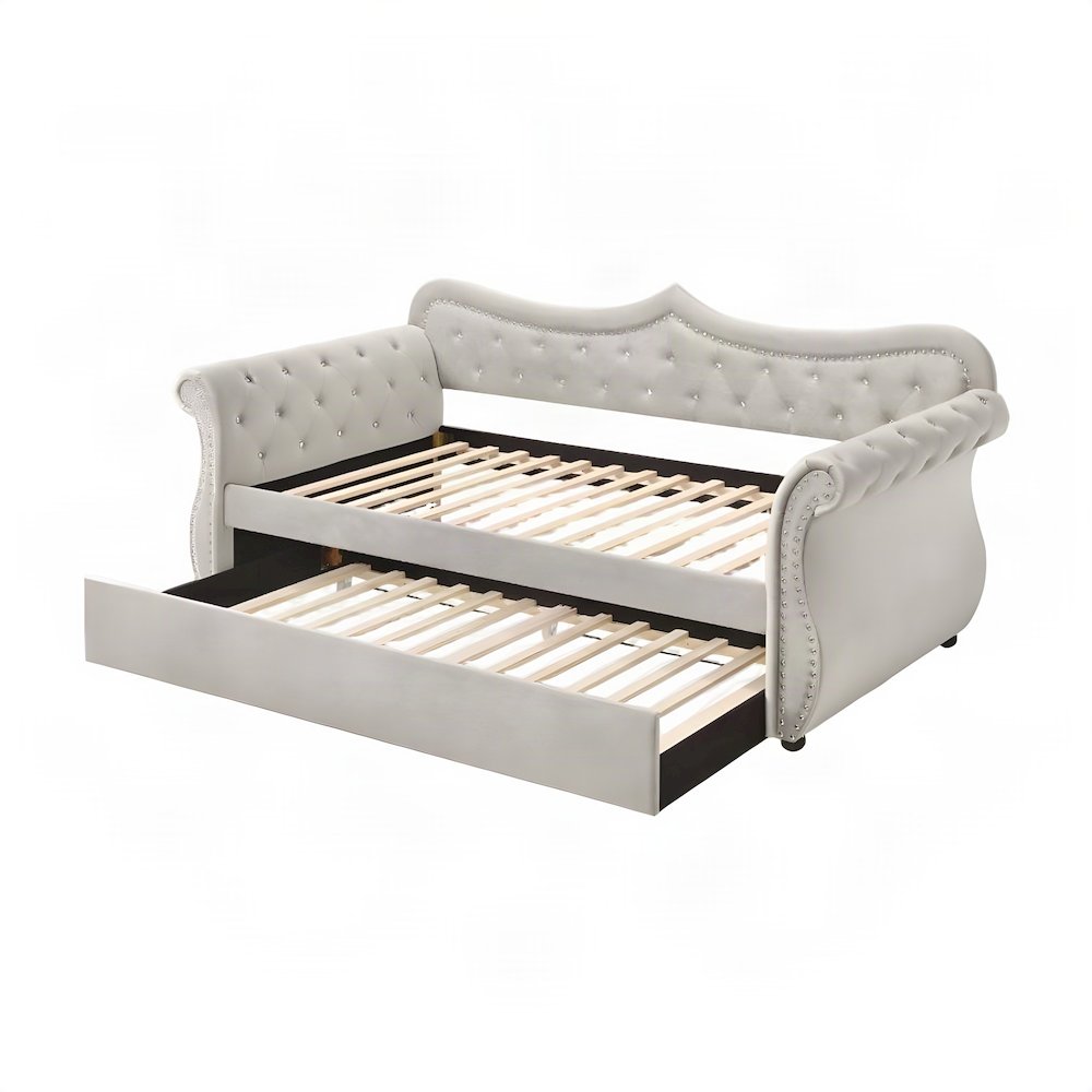 Upholstered Twin Daybed with Trundle, Rubber Wood Sofa Bed Frame, Beige Linen
