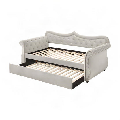 Upholstered Twin Daybed with Trundle, Rubber Wood Sofa Bed Frame, Beige Linen