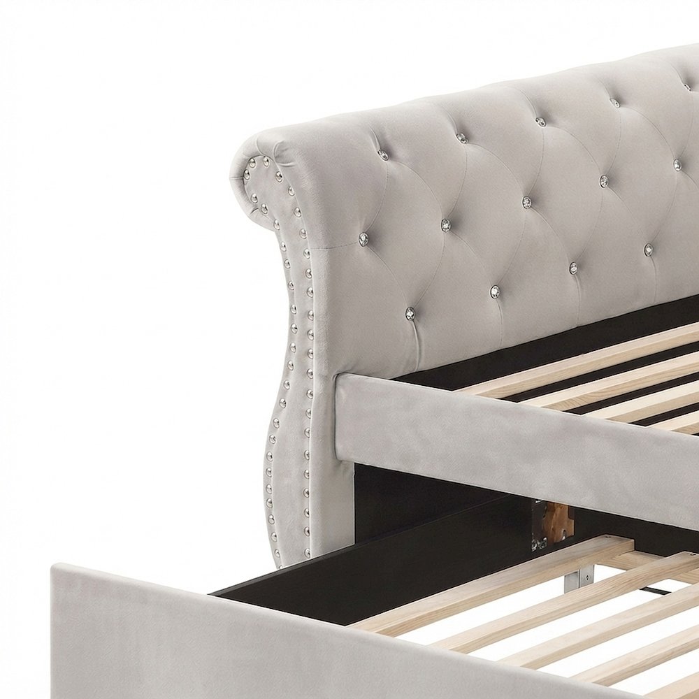 Upholstered Twin Daybed with Trundle, Rubber Wood Sofa Bed Frame, Beige Linen