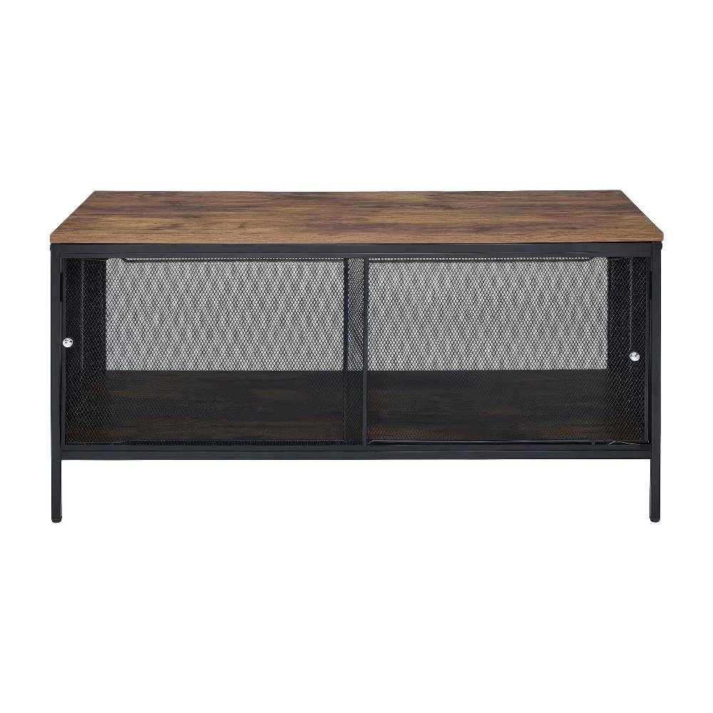 Coffee Table Antique Oak and Black Metal Tube Frame with Veneer Top, MDF Base