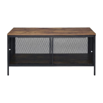 Coffee Table Antique Oak and Black Metal Tube Frame with Veneer Top, MDF Base