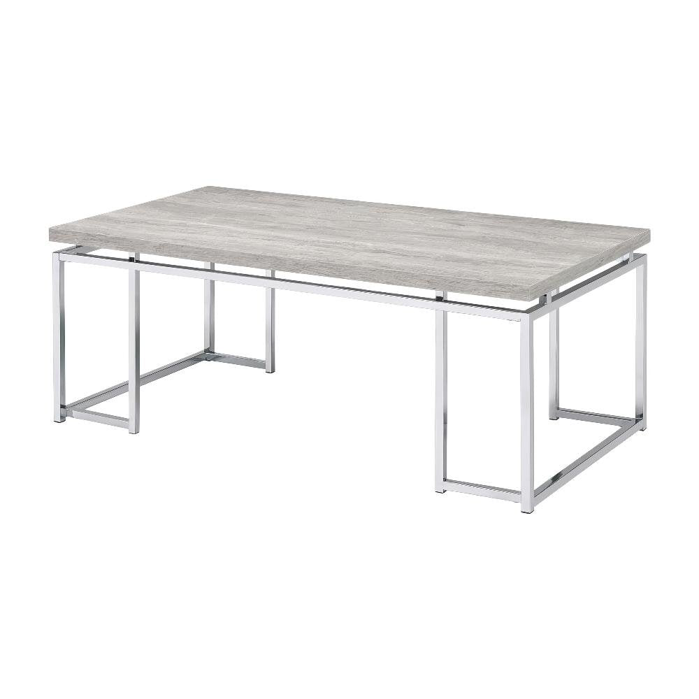 Oak Finish and Chrome Coffee Table with Metal Frame and Veneer Surface