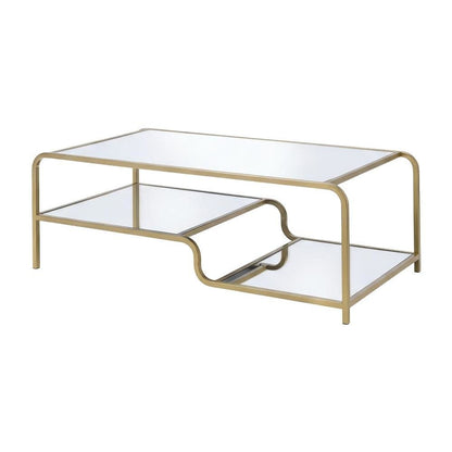 Gold and Mirror Coffee Table with Metal Frame and Composite Wood Surface