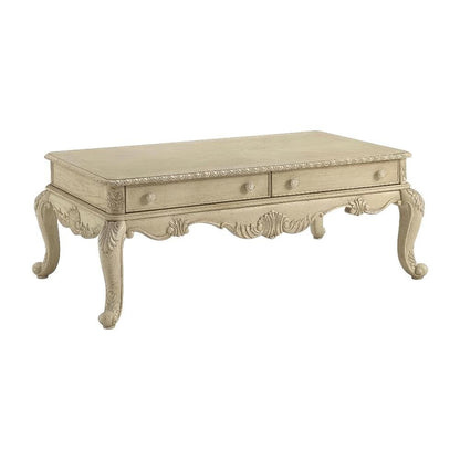 Coffee Table Antique White Wood Veneer Surface with Durable MDF and Poly-Resin