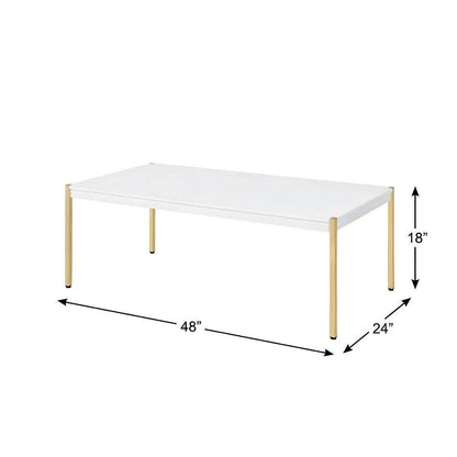White & Gold Finish Rectangular Coffee Table MDF Metal Contemporary Design