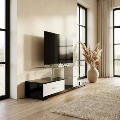 Modern White and Black TV Stand with Glass Shelves and Chrome Frame