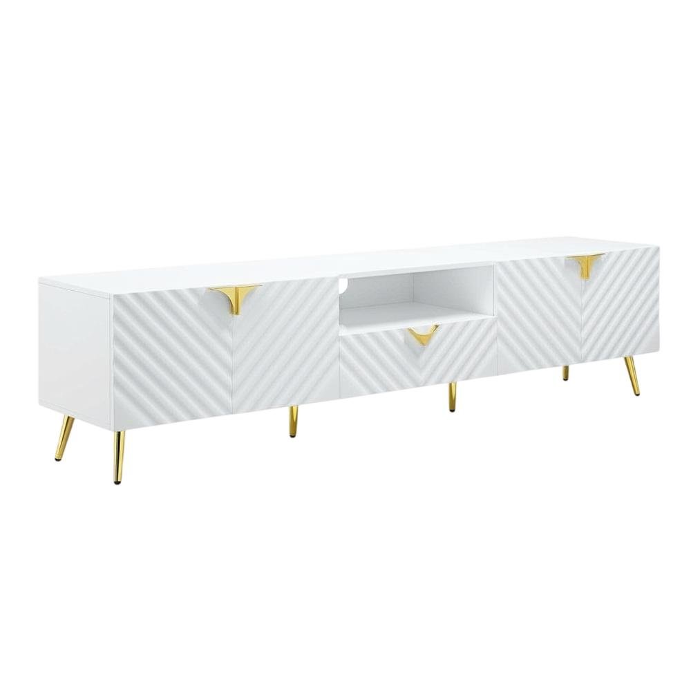 White Gloss Finish TV Stand with Rubberwood and Walnut Veneers for Modern Living