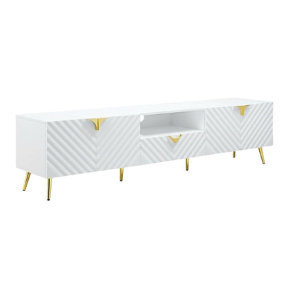 White Gloss Finish TV Stand with Rubberwood and Walnut Veneers for Modern Living