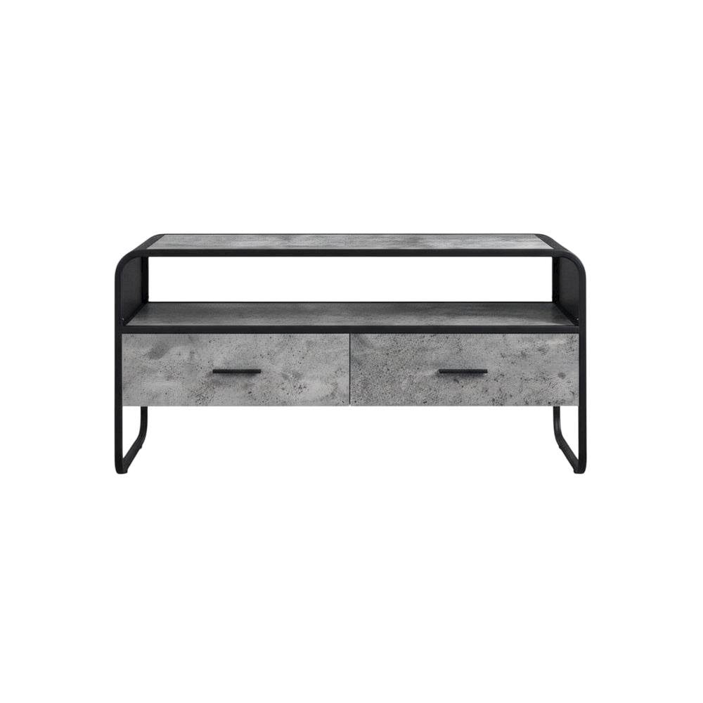 Industrial-style TV stand, concrete gray, black finish, made from particleboard