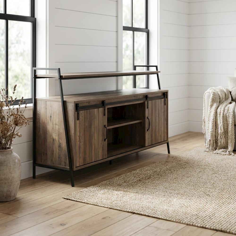 Industrial TV Stand in Rustic Oak & Black Finish with MDF, Metal, Veneer