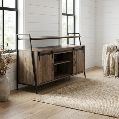 Industrial TV Stand in Rustic Oak & Black Finish with MDF, Metal, Veneer