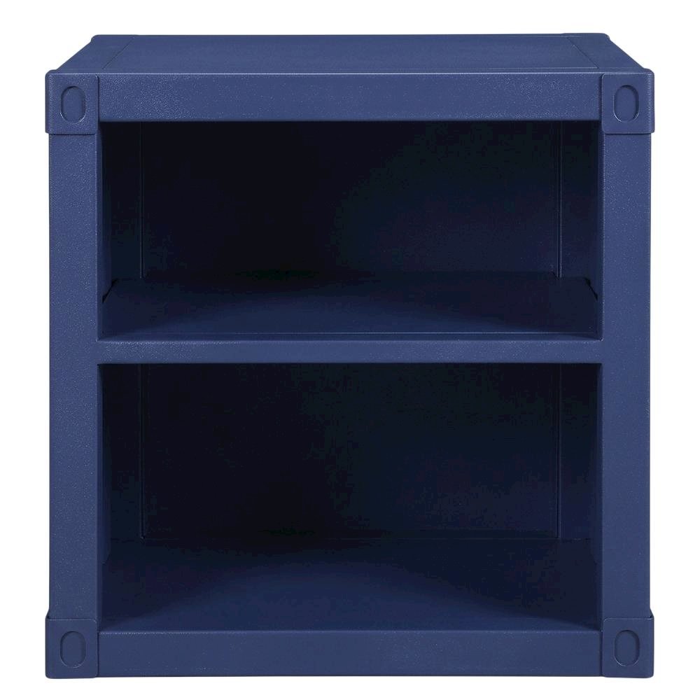 Blue metal nightstand with USB port and modern design