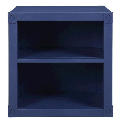 Blue metal nightstand with USB port and modern design
