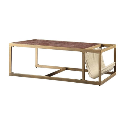 Retro Brown Top Grain Leather Coffee Table with Industrial Metal Frame