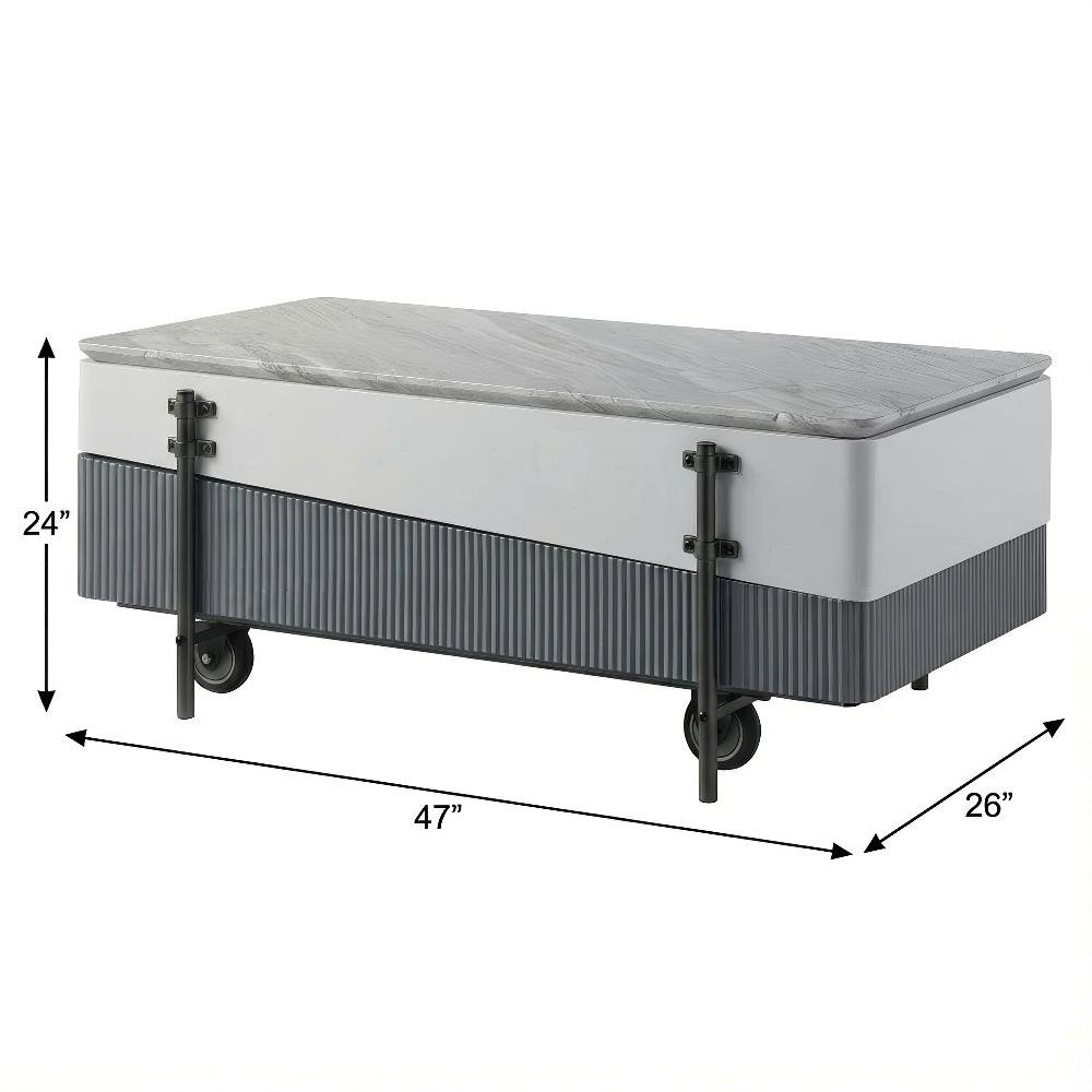 White and Gray High Gloss Coffee Table with Lift Top and Storage Space