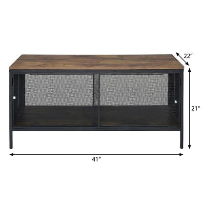 Coffee Table Antique Oak and Black Metal Tube Frame with Veneer Top, MDF Base