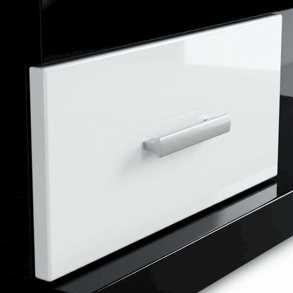 Modern White and Black TV Stand with Glass Shelves and Chrome Frame